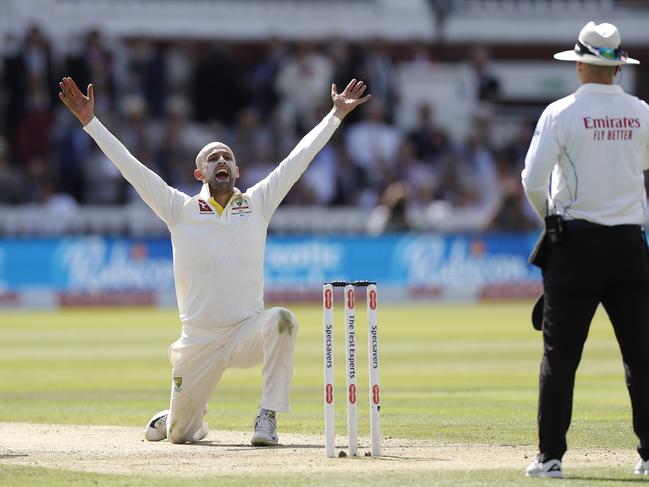 LONDON, ENGLAND - AUGUST 15: Nathan Lyon of Australia appeals for the wicket of  Ben Stokes of England during day two of the 2nd Specsavers Ashes Test between England and Australia at Lord's Cricket Ground on August 15, 2019 in London, England. (Photo by Ryan Pierse/Getty Images)