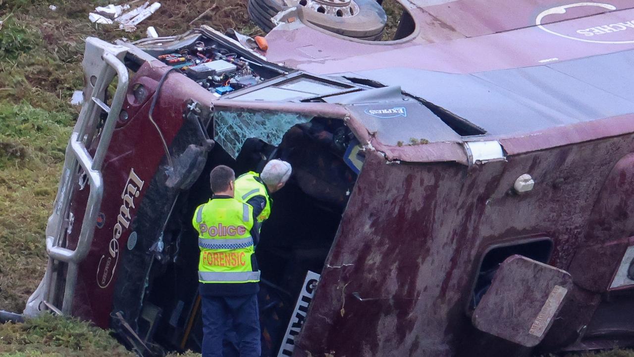 The bus, which was carrying several adults and 27 schoolgirls from Loreto College in Ballarat. Picture: Brendan Beckett