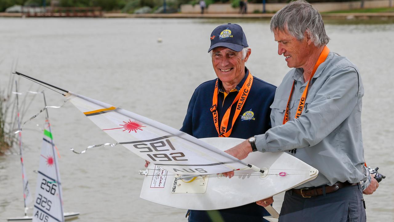 Mawson Lakes Model Yacht Club members Geoff Fox and Adrian Heard. Picture: AAP/Russell Millard