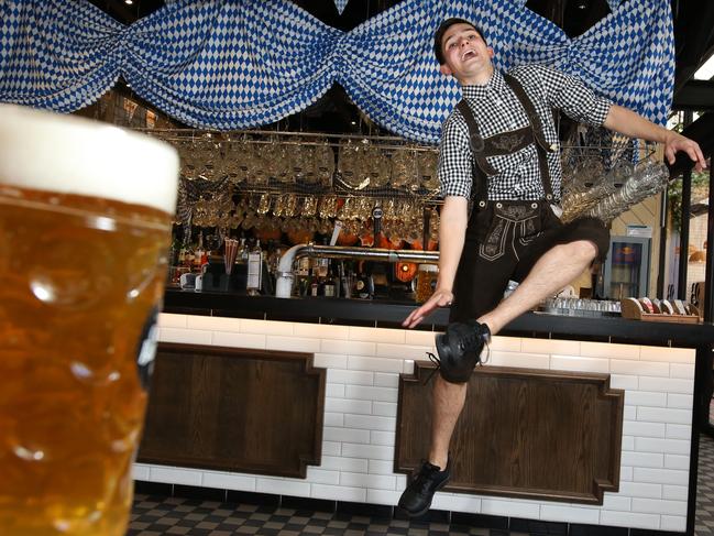 The Bavarian barman Moritz Pollster traditional dancing. Picture: Stuart Milligan