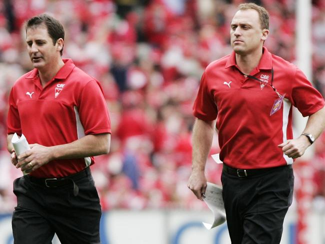 2005 Grand Final. Sydney Swans v West Coast Eagles. MCG. Coach Paul Roos with his assistants Ross Lyon, John Longmire and Jonas. Picture: Michael Dodge