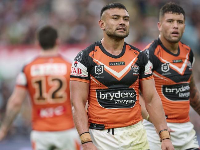 SYDNEY, AUSTRALIA - MAY 13: David Nofoaluma of the Tigers reacts during the round 11 NRL match between South Sydney Rabbitohs and Wests Tigers at Accor Stadium on May 13, 2023 in Sydney, Australia. (Photo by Brett Hemmings/Getty Images)