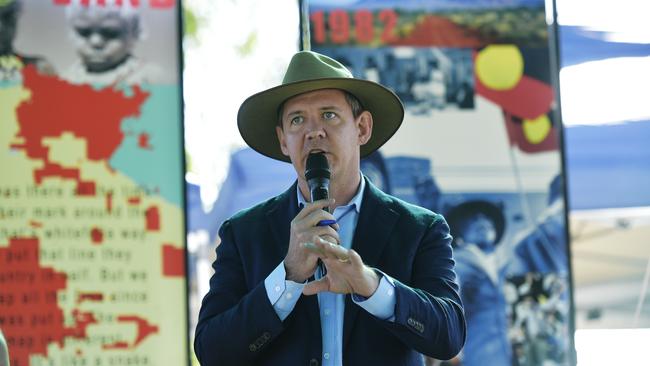 Northern Territory Chief Minister Michael Gunner speaks to the crowd gathered at MOU talks for a treaty in Barunga. Picture: Keri Megelus