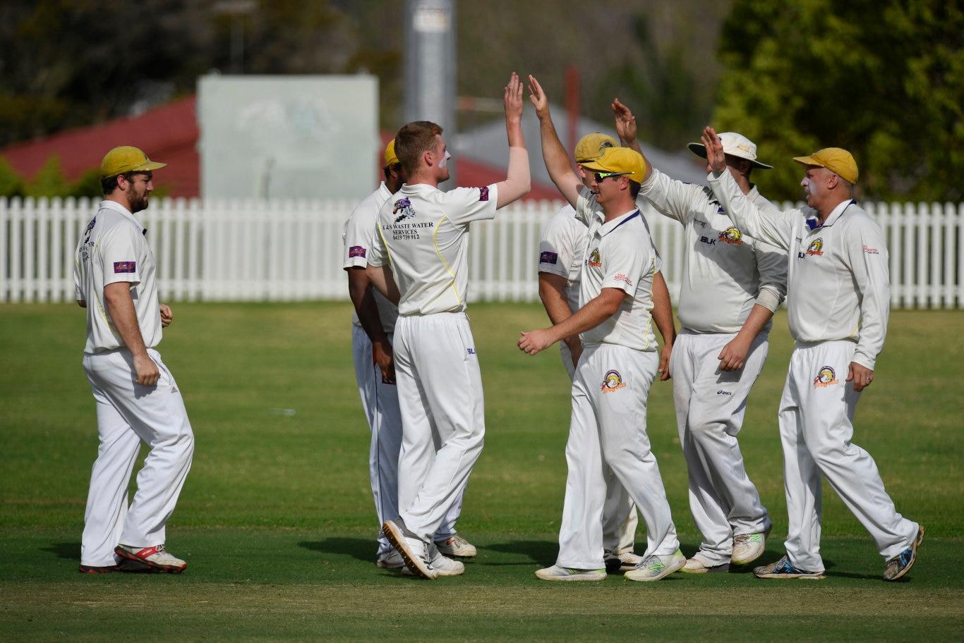 Northern Brothers Diggers celebrate a Kane Bradford (centre, left) lbw on Levi Kugel of Lockyer Lightning in round five Harding-Madsen Shield cricket at Rockville Oval, Saturday, October 19, 2019. Picture: Kevin Farmer