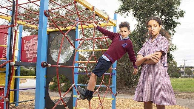 Tyler and Olivia are fed up with the lack of equipment for older children at Weather Station Park. Picture: Ellen Smith