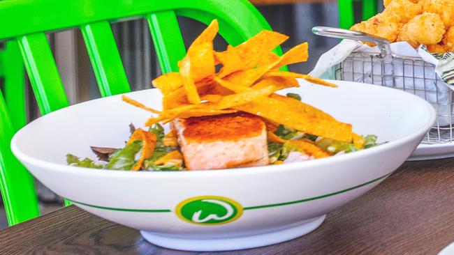 Salmon and tortilla salad at Wahlburgers, Surfers Paradise.