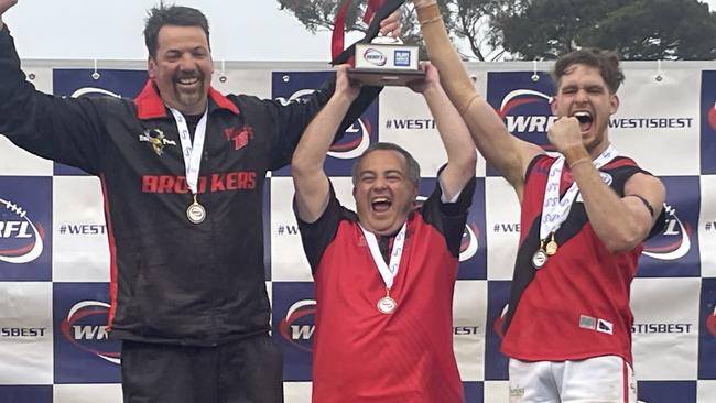 Former coach Vinnie Turcinovich, interim coach John Mangos and captain Aidan O'Rafferty. Photo: Brayden May.