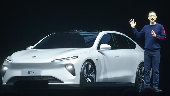 NIO chief executive William Li introducing the NIO ET7, the flagship sedan for the Chinese electric car manufacturer, during its launch ceremony in Chengdu earlier this year. Picture: AFP