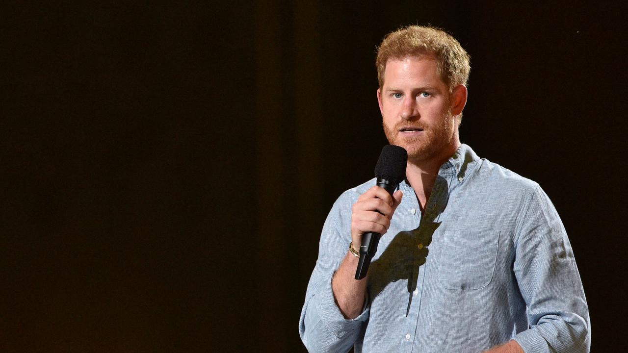 Harry speaks on stage at the taping of Vax Live fundraising concert earlier this month. Picture: Valerie Macon/AFP