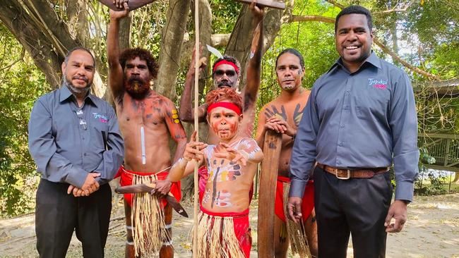 Djabugay Aboriginal Corporation chairman William Duffin, Tjapukai dancers Andrew Duffin, Rodrick Newbury, Tristan Brim (in front) and Jeffrey Hunter, and Djabugay Aboriginal Corporation's Dennis Hunter. Picture: Supplied