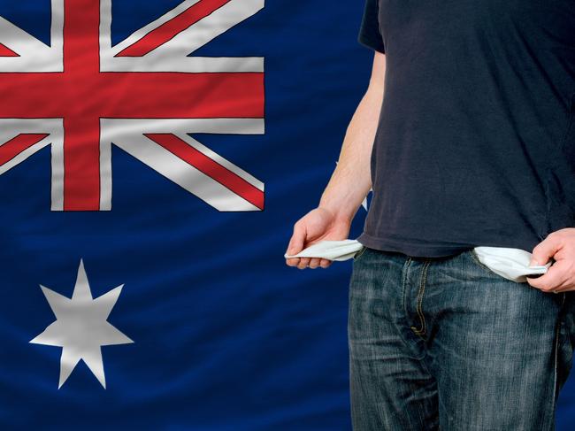 poor man showing empty pockets in front of australia flag