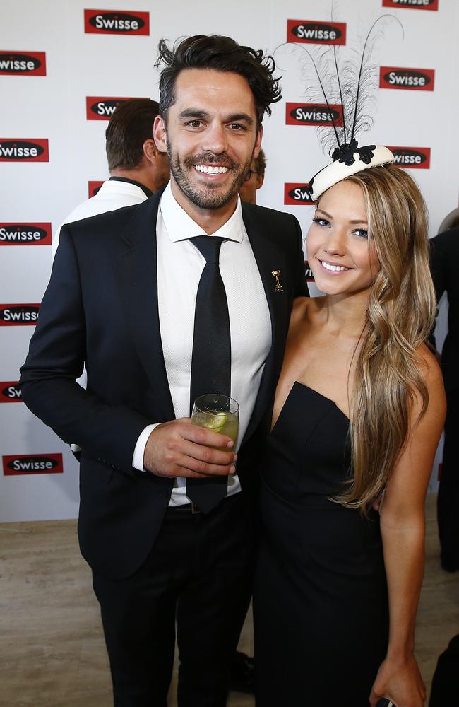 Dean Ipaviz and Sam Frost in the Birdcage at Derby Day 2014. Picture: Bradley Hunter