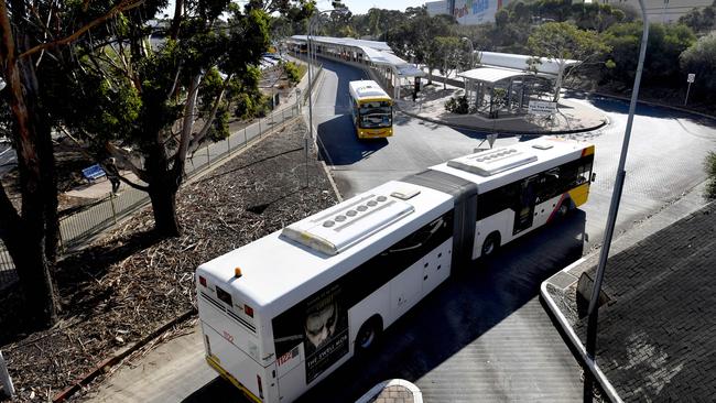 The end of the O-Bahn track at Modbury Interchange, Tea Tree Plaza with the Park n Ride in the background. Picture: Sam Wundke