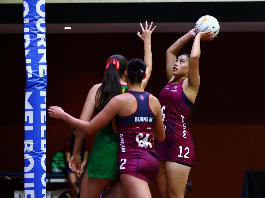 Queensland shooter Roxanne Rhind at the National Netball Championships at Jubilee Park Stadium, Frankston, Victoria. Photo: Joanna Margiolis/Netball Australia.