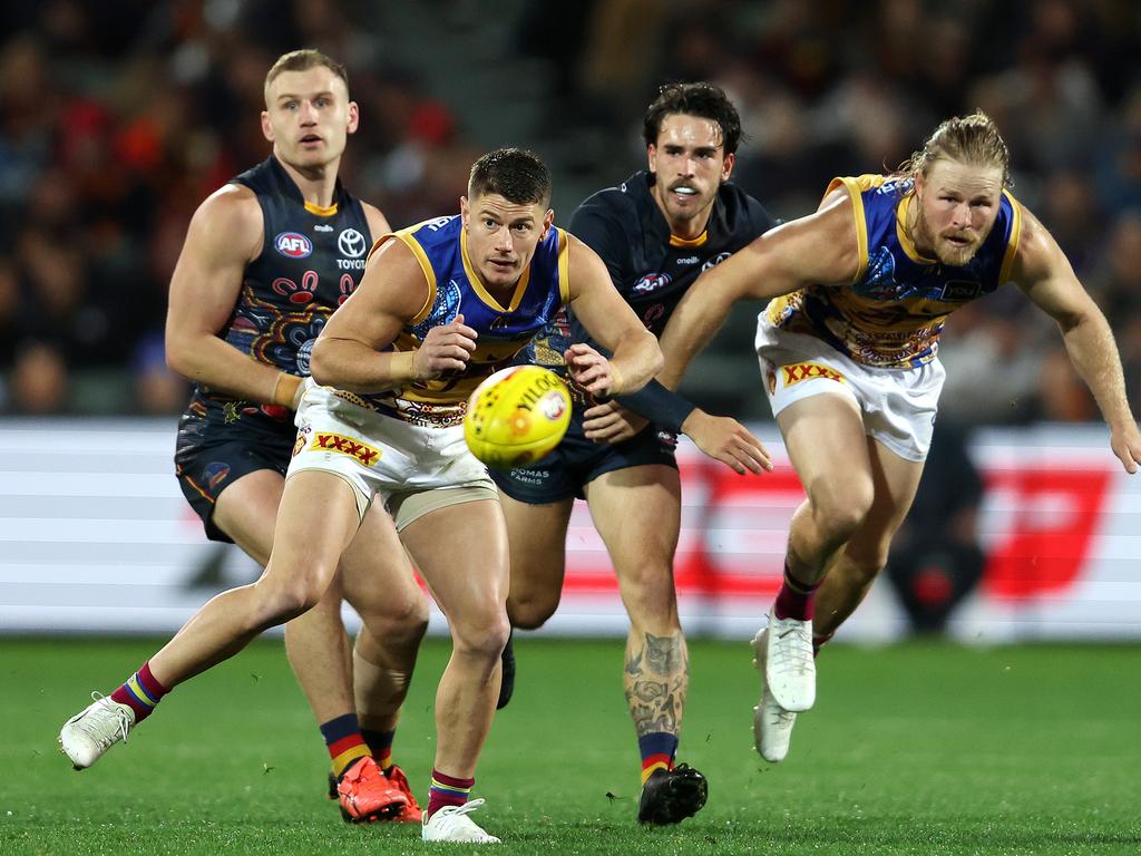 Dayne Zorko reaches for the ball in Brisbane’s loss to Adelaide. Picture: Sarah Reed / AFL Photos via Getty Images