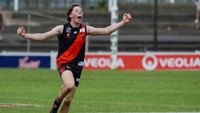 Tea Tree Gully’s Joshua Spence celebrates the side’s 2020 grand final win. Picture: Brenton Edwards