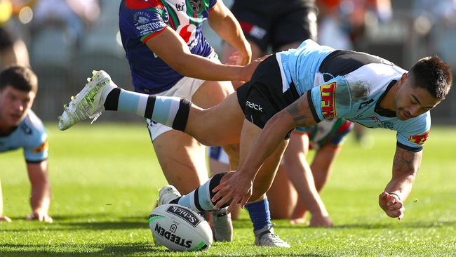 Cronulla playmaker Shaun Johnson scores his first try of the season on Sunday. Picture: Getty Images