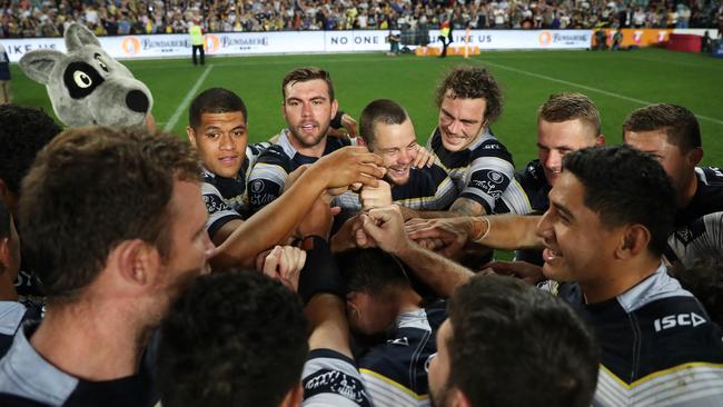 Cowboys players celebrate victory over the Sydney Roosters at Allianz Stadium. Picture: Brett Costello