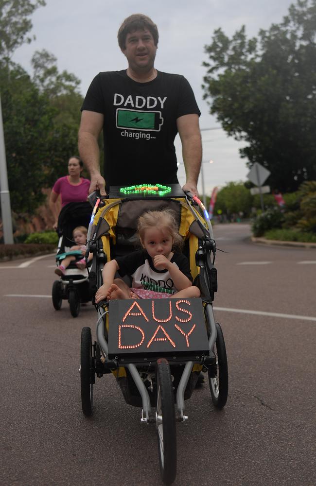 Bella and her Dad take off in the Australia Day 2023 fun run at Darwin Waterfront. Picture: (A)manda Parkinson