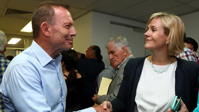 Liberal candidate Tony Abbott greets Independent candidate Zali Steggall at the Warringah Ballot Draw in Manly last Wednesday. Picture: Hollie Adams