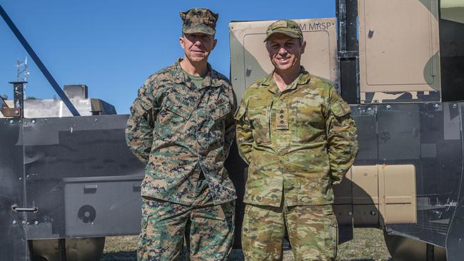 US Marine Corps Major General Benjamin T. Watson (left) with Australian Army Colonel Ben McLennan, the commander of the Combat Training Centre. Picture: Cpl. Emeline Molla