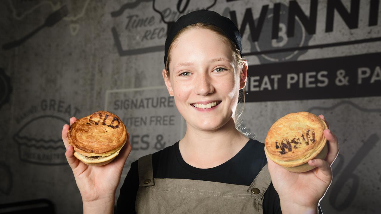 Newtown Beefy's staff member (and New South Wales supporter) Nina Bailey with Beefy's State of Origin pies, Sunday, May 25, 2025. Picture: Kevin Farmer