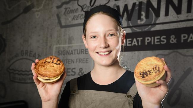 Newtown Beefy's staff member (and New South Wales supporter) Nina Bailey with Beefy's State of Origin pies, Sunday, May 25, 2025. Picture: Kevin Farmer