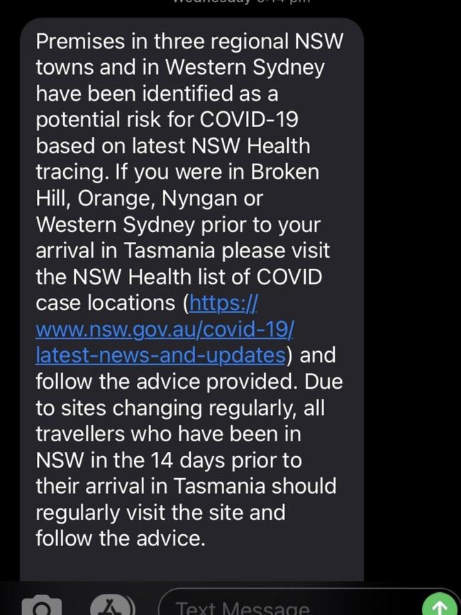 Text message sent to travellers to Tasmania from NSW warning of COVID-19 risks