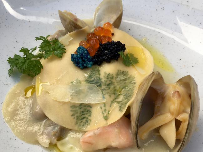 Open ravioli with NZ diamond clams salmon belly, fennel &amp; scampi caviar at One Fifty Ascot Bar &amp; Eatery.