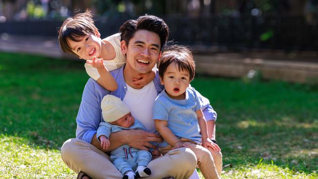 Daily Telegraph. 20, September, 2024.Masterchef Alumni Tommy Pham, with his children, Toby, 4 weeks, Miles, 4, and Hugo, 2, in Zetland, today.Picture: Justin Lloyd.