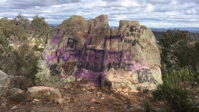 Vandals covered Heathcote's Viewing Rock Lookout and nearby picnic tables with racist and anti-Semitic graffiti on Friday June 4, 2021. Picture: Contributed