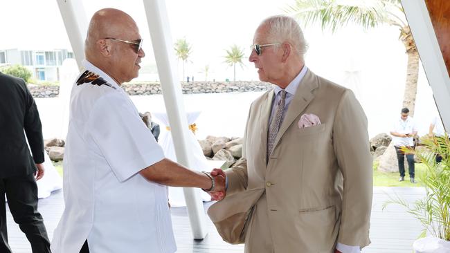 APKing Charles III shakes hands with Prime Minister of Tuvalu Feleti Teo at the New Heads of Government Reception. Picture: Chris Jackson/Getty Images