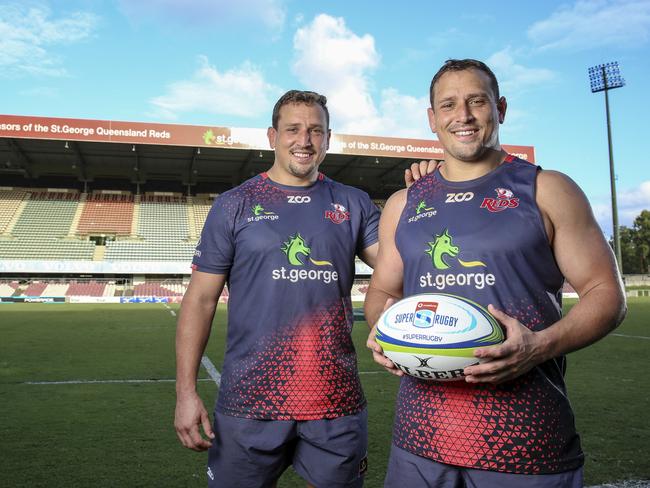 Supplied image of QLD Reds twins and fellow props JP (left) and Ruan Smith. Photo: Brendan Hertel, QRU