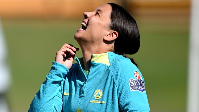 Kerr was all smiles at training, despite the calf injury keeping her out of Australia’s clash with Nigeria. Picture: Bradley Kanaris/Getty Images