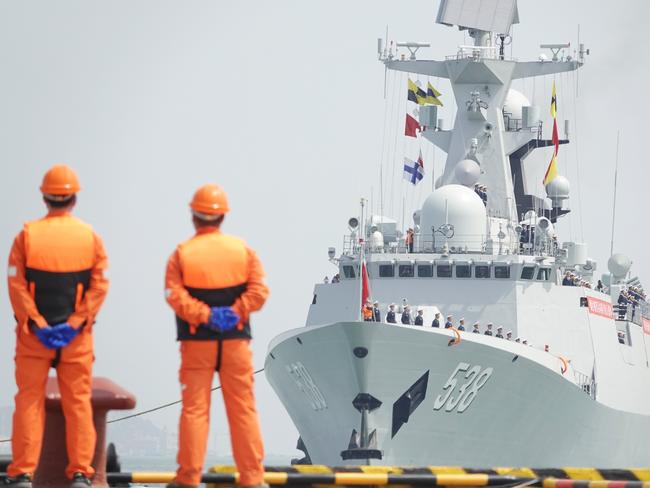 YANTAI, CHINA - APRIL 20: The guided-missile frigate Yantai arrives at Yantai Port during a celebration activity to celebrate the 74th anniversary of the founding of the Chinese People's Liberation Army Navy (PLAN) on April 20, 2023 in Yantai, Shandong Province of China. (Photo by Tang Ke/VCG via Getty Images)