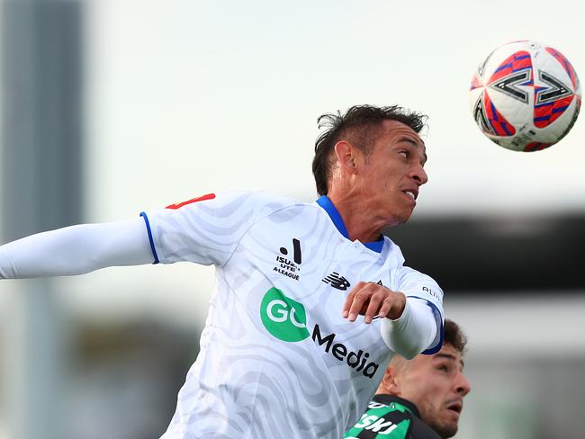 MELBOURNE, AUSTRALIA – FEBRUARY 15: Neyder Moreno of Auckland FC heads the ball during the round 19 A-League Men match between Western United and Auckland FC at Ironbark Fields on February 15, 2025 in Melbourne, Australia. (Photo by Graham Denholm/Getty Images)