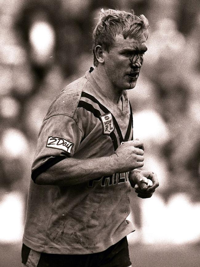 Garry Jack leaves Leichhardt Oval with a bloodied face during the 1991 game.