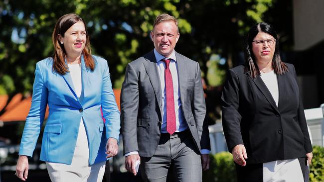 BRISBANE AUSTRALIA - NewsWire Photos JUNE 7, 2021: Queensland Premier Annastacia Palaszczuk, Deputy Premier Steven Miles and Racing Minister Grace Grace. Picture: NCA NewsWire / Sarah Marshall