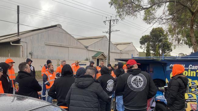 CFMEU SA Members picketing out the front of Crane Services at Wingfield. Picture: CFMEU SA / Facebook