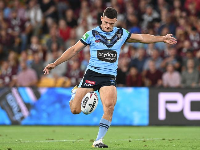 Nathan Cleary’s appearance at Pumas practice ended badly. Picture: Bradley Kanaris/Getty