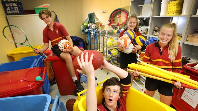 Year 8 Cabra students Lukas Zvaigzne, Ben Ridgway, Ellie Light and Anastasia Willoughby can’t wait for the new building. Picture: Dean Martin/AAP