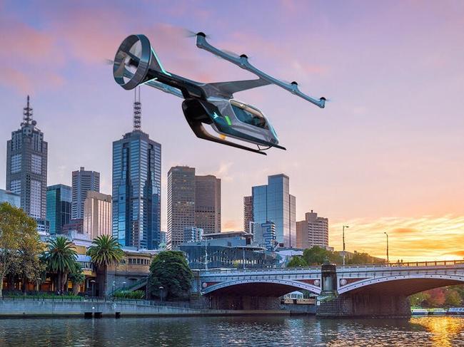 An Uber Air EmbraerX prototype aircraft flying over Melbourne, one of three cities named to receive the Uber Air service. Picture: Supplied