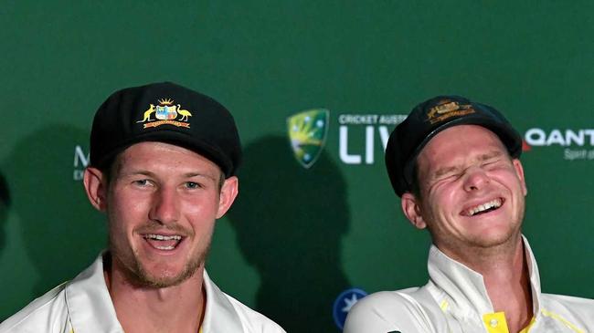 Cameron Bancroft (left) and Steve Smith (right) in happier times. Picture: DARREN ENGLAND