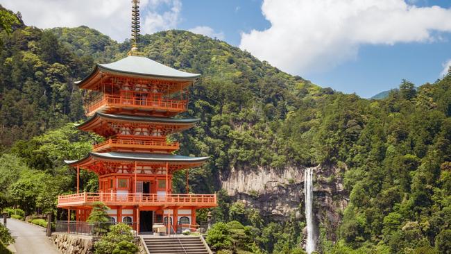 Seiganto-ji temple and Nachi Waterfall on the Kumano Kodo trail.