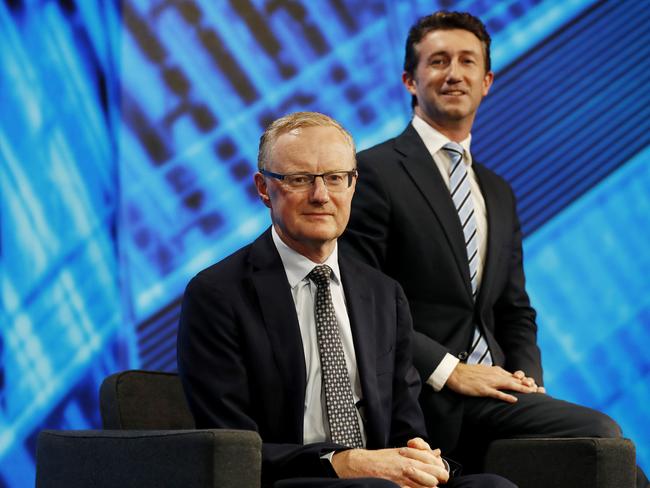 Reserve Bank Governor Philip Lowe (left) and The Australian’s Adam Creighton are seen at The Australian Strategic Forum in Sydney. Picture: Nikki Short