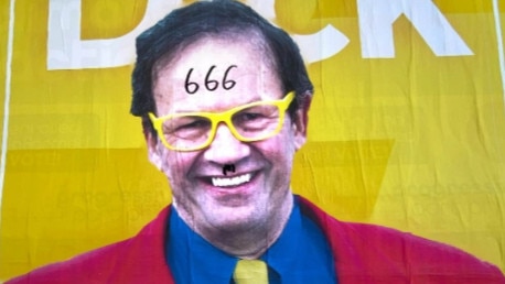 Port Phillip Councillor Dick Gross' campaign posters have been defaced with anti-Semitic graffiti. Picture: Supplied