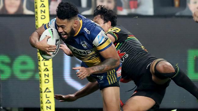 Waqa Blake crashes over to score and ignite Parramatta’s round-five comeback win over Penrith at Bankwest Stadium. Picture: AAP Image/Brendon Thorne