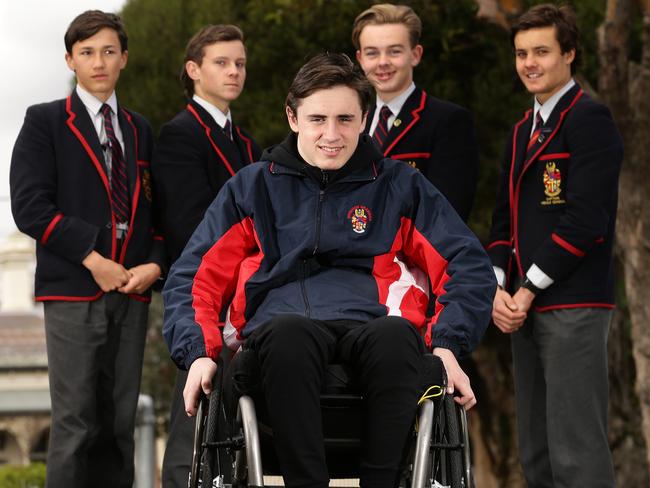 Will Murray, who has returned to school, with schoolmates Darcy McConnon, Hamish Gee Kuba Williams and Darby Hipwell. Picture: Norm Oorloff