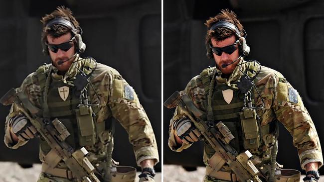 The original photo (left) of Mr Roberts-Smith displaying a Crusader’s cross on his uniform while on duty in Afghanistan. The symbol was later edited out (right) in the official photo released by the ADF.