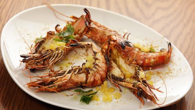 Grilled tiger prawns at Mark Best’s Pei Modern restaurant at the Four Seasons Hotel in Sydney. Picture: John Fotiadis.